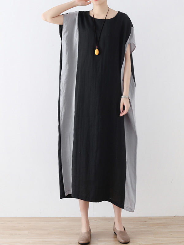 Original Linen Split-Joint Contrast Color Round-Neck Batwing Sleeve Midi Dress
