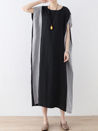 Original Linen Split-Joint Contrast Color Round-Neck Batwing Sleeve Midi Dress