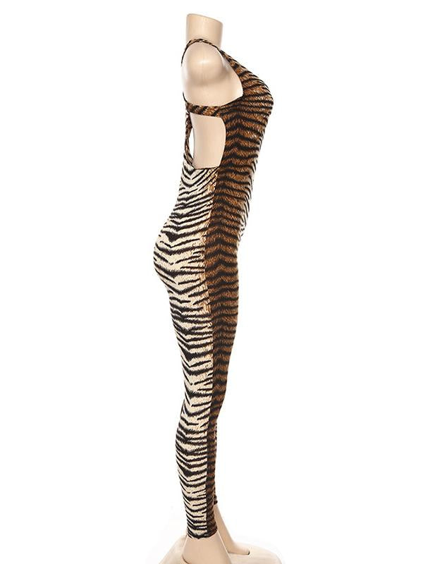 Tiger Vein Printed Backless Jumpsuits