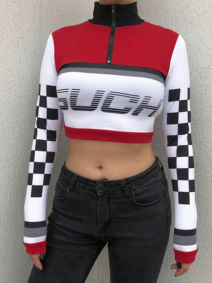 Plaid Printed Zipper Casual Tees