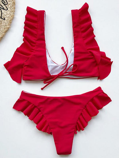V-Neck Flounce Solid Color Split Bikini Swimsuit