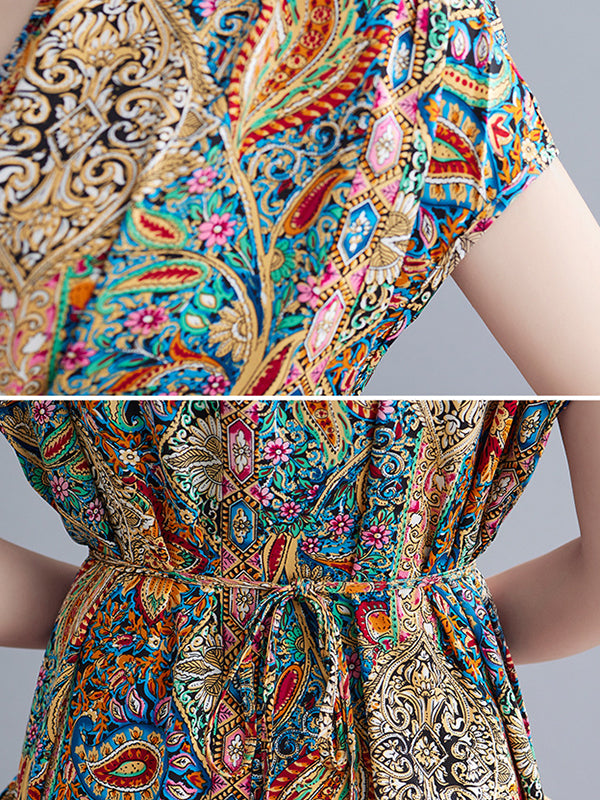 Original Artistic Retro Loose Floral Printed Vacation Midi Dress