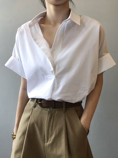 Simple Urban Solid Color Pleated Lapel Collar Short Sleeves Blouse
