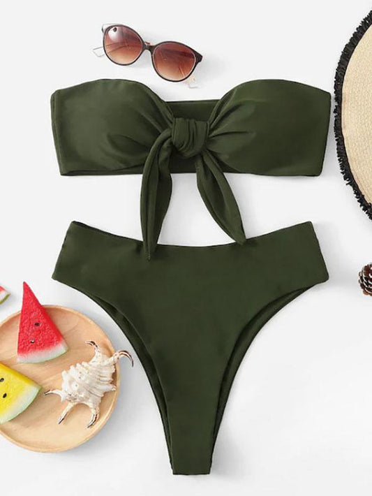 Solid Color Knotted Strapless Split Bikini Swimsuit