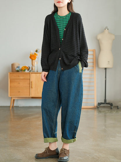 Casual Solid Color Buttoned V-Neck Long Sleeves Jacquard Knitted Cardigan