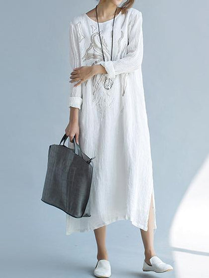 White Ramie Cotton Embroidered Long Dress