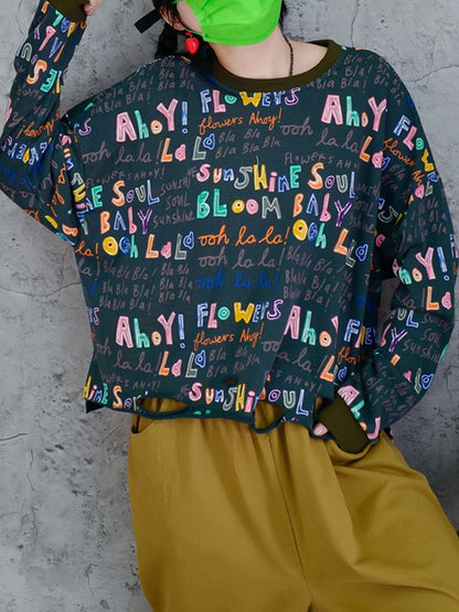Fashion Contrast Color Printed Long Sleeves Torn Sweatshirt Top