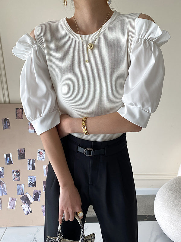 Original Contrast Color Puff Sleeves Cold Shoulder T-Shirt Top