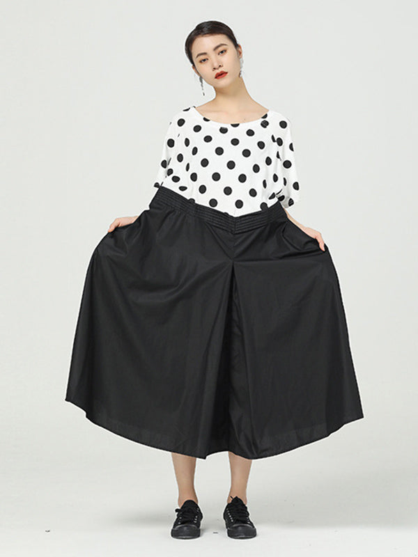 Original Split-Joint Polka-Dot Contrast Color Round-Neck Short Sleeves Midi Dress