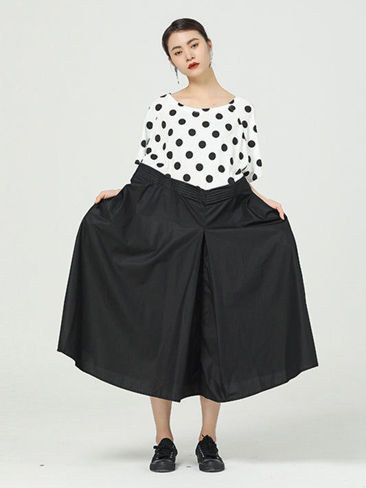 Original Split-Joint Polka-Dot Contrast Color Round-Neck Short Sleeves Midi Dress