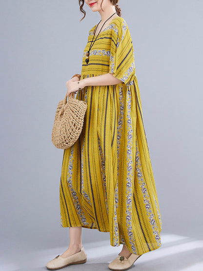 Vintage Striped Printed Round-Neck Short Sleeves Midi Dress