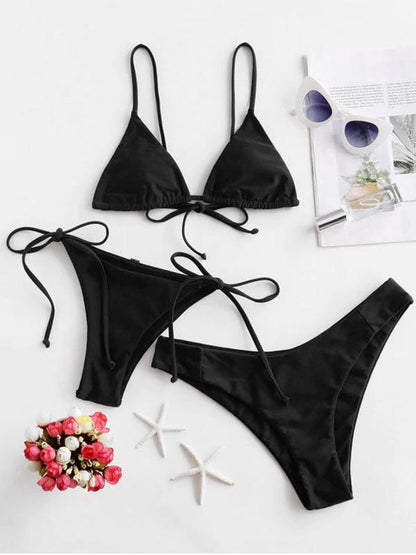 Solid Color Bandage Three-Piece Bikini Swimsuit