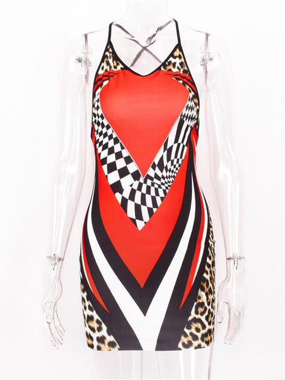 Printed Backless Cross Mini Dress