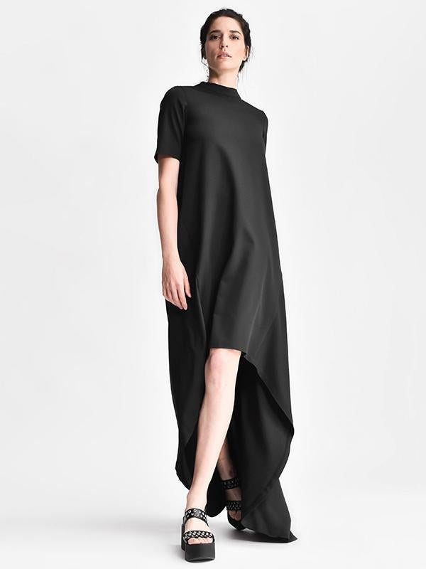 Black High-Low Split-Joint Short Sleeves Long Dress