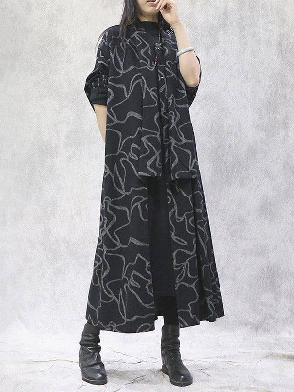 Artistic Retro Printed Split-Joint With Scarf Long Sleeves Sweater Outwear