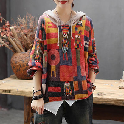 Buykud Retro Pullover Printed Loose Knitted Hoodie