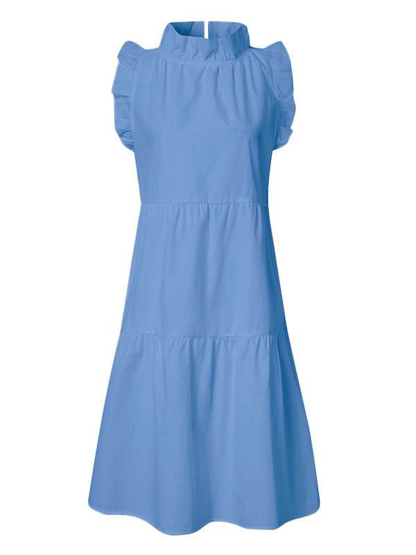 Stylish Solid Color Falbala Sleeveless Stand Collar Midi Dress