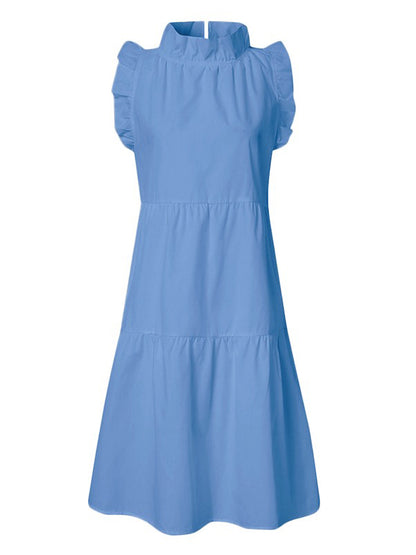 Stylish Solid Color Falbala Sleeveless Stand Collar Midi Dress