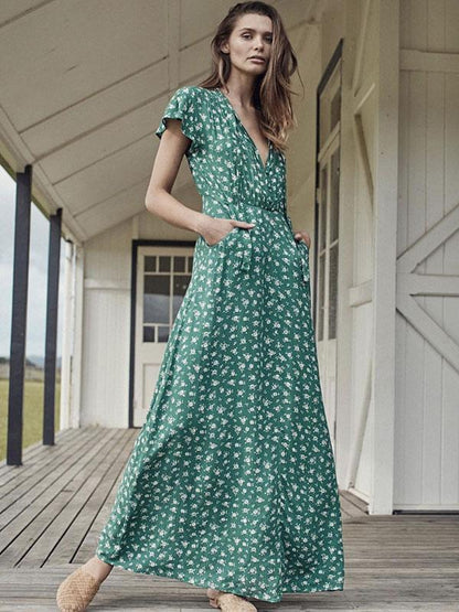 Printed Bow-embellished V-neck Maxi Dress
