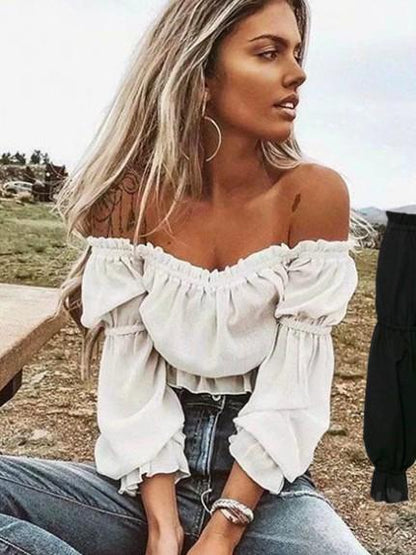 Off Shoulder Falbala Solid Fresh Shirt Top