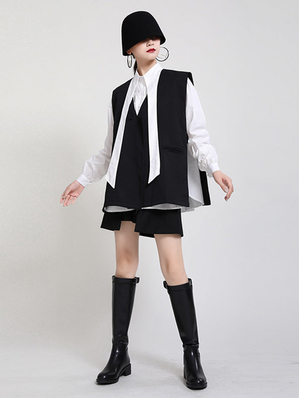 Stylish Urban Contrast Color Buttoned Lapel Collar Long Sleeves Blouse+Sleeveless Vest Outwear