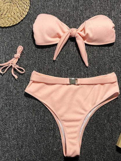Leopard Print Bowknot High Waisted Bikini Swimsuit