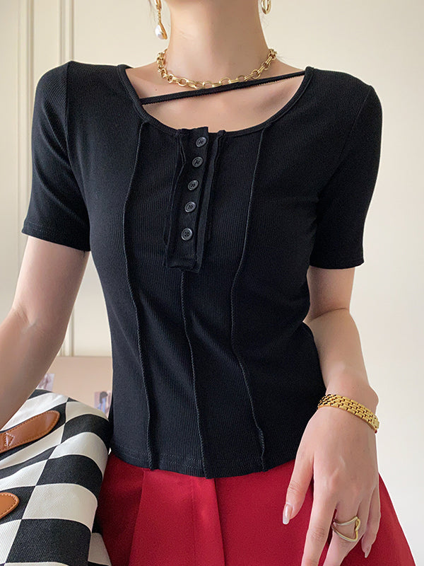 Original Stylish Solid Color Buttoned Skinny T-Shirt Top