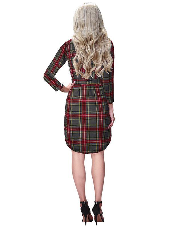 Polo Collar Checkered Belt Buckle Midi Shirt