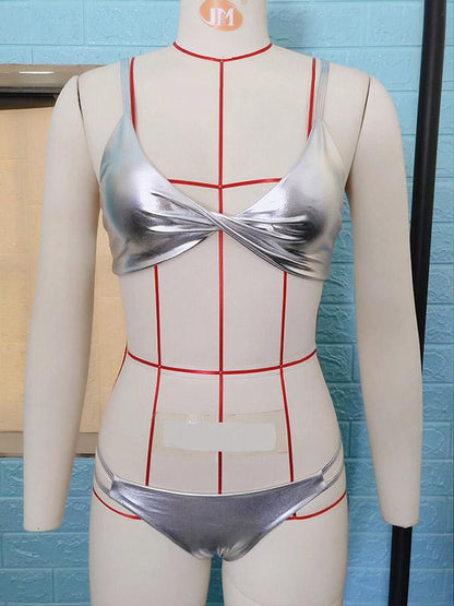 Shiny Plain Twist Sexy Bikini Swimsuit