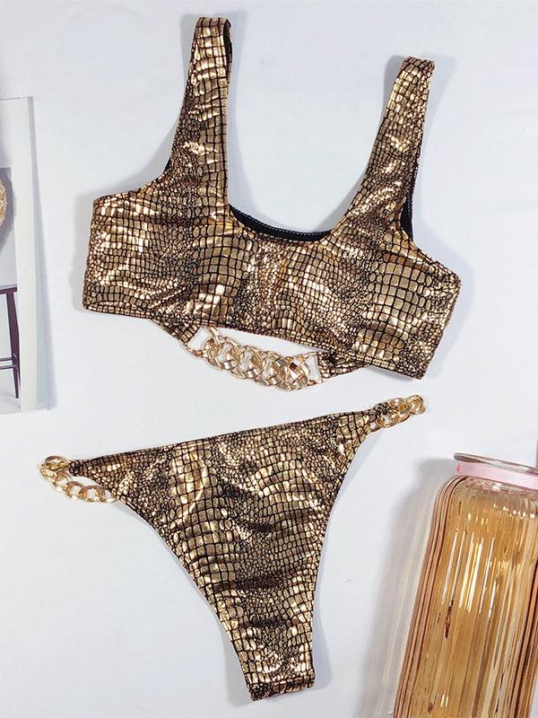 Snake-Print Chain Embellished Split Bikini Swimsuit