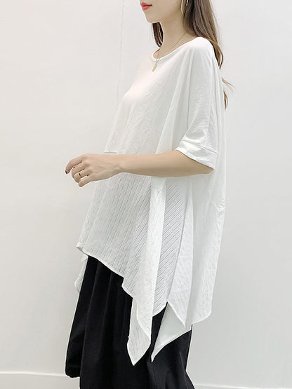 Stylish Cropped Split-Joint Striped Batwing Sleeves Split-Side T-Shirt