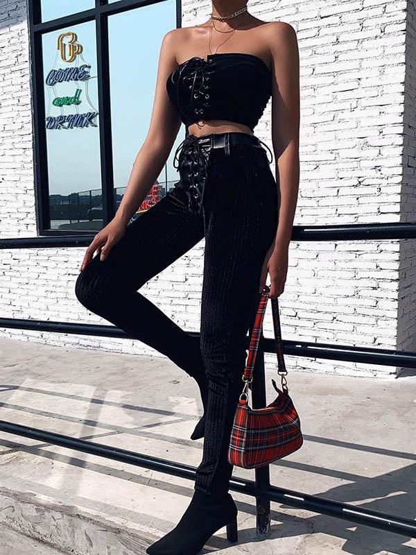 Solid Wrap Split-Joint PU Casual Pants Bottoms