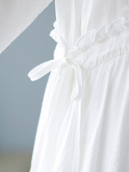 Artistic Retro Loose Solid Color Embroidered Drawstring Midi Dress