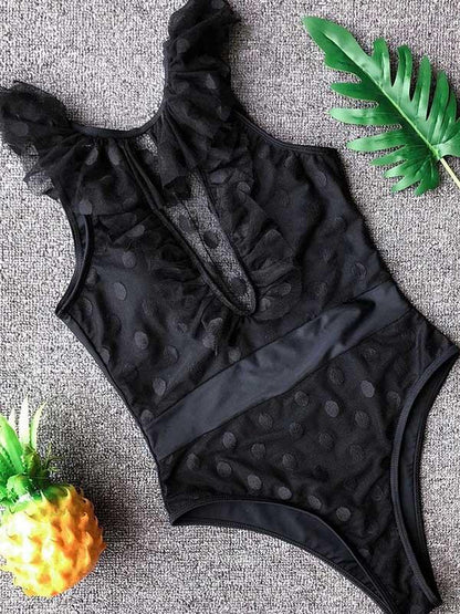 Tulle Polka-dot Deep-V One-piece Swimwear