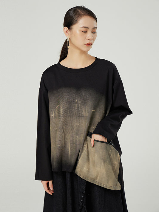 Original Asymmetric Split-Joint Gradient Round-Neck Long Sleeves T-Shirt Tops