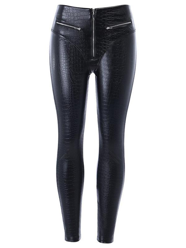 Punk Solid Zipper Pockets PU Leggings