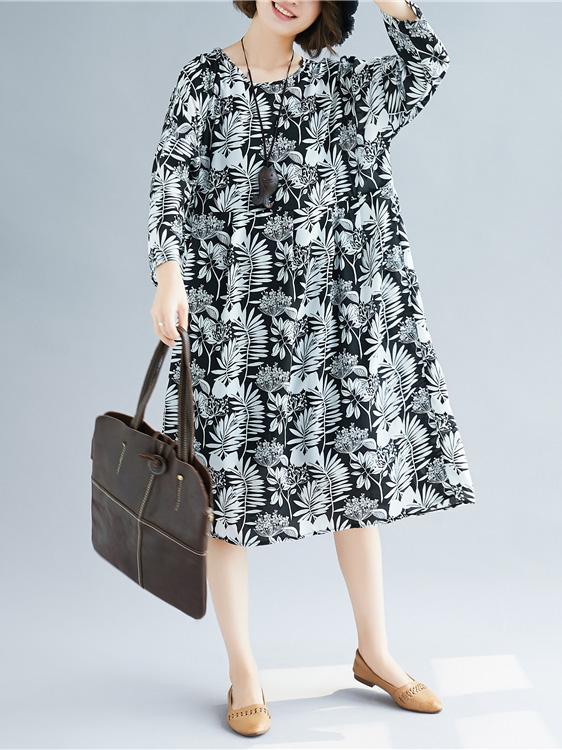 Loose Chiffon Plants Print Round-neck Long Dress+Black Jumper Skirt