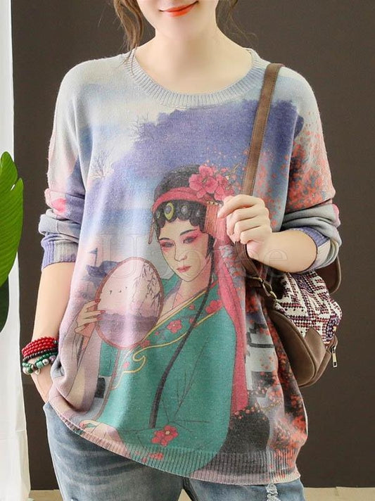 Vintage Opera Figure Printed Round-neck Sweater