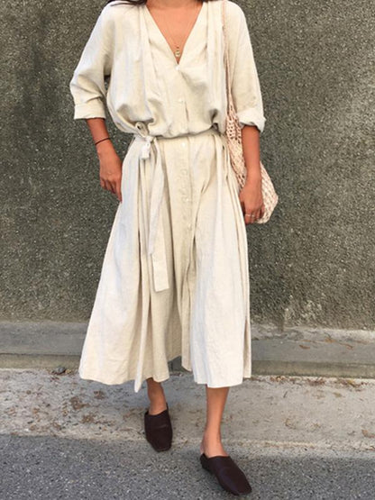 Retro Linen Lace-up Long Dress