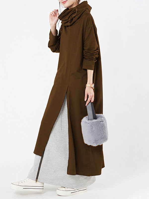 Casual Solid Color Split-Side Heaps Collar Long Sleeves Midi Dress