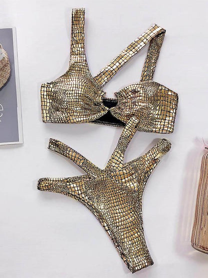 Snake-Print Asymmetric Split Bikini Swimsuit