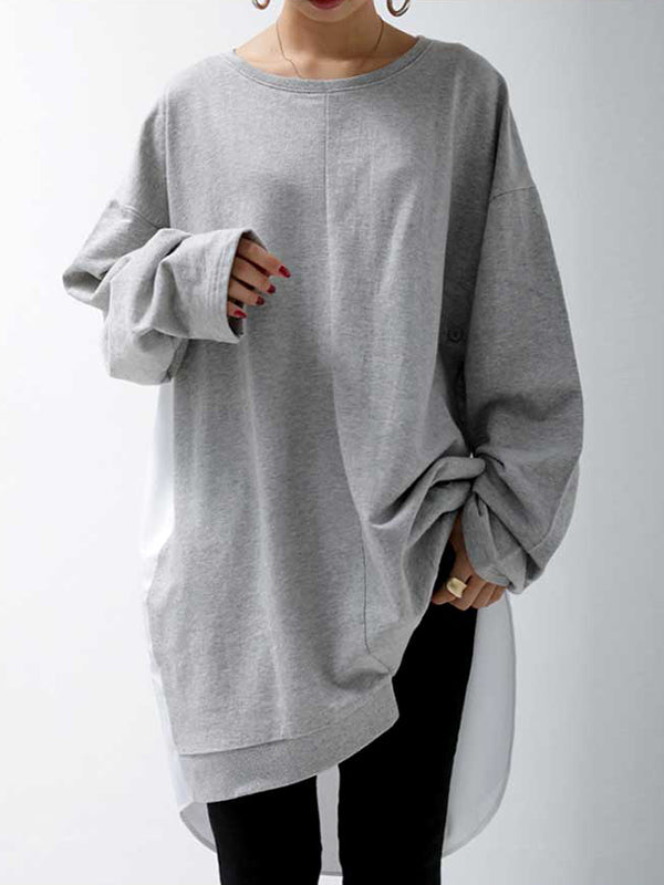 Casual Loose Color Matching Buttoned Split-Joint Split-Side High-Low Round-Neck Long Sleeves Sweatshirt