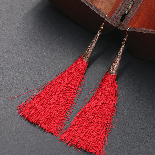 Retro red alloy earrings long tassel pendant earrings