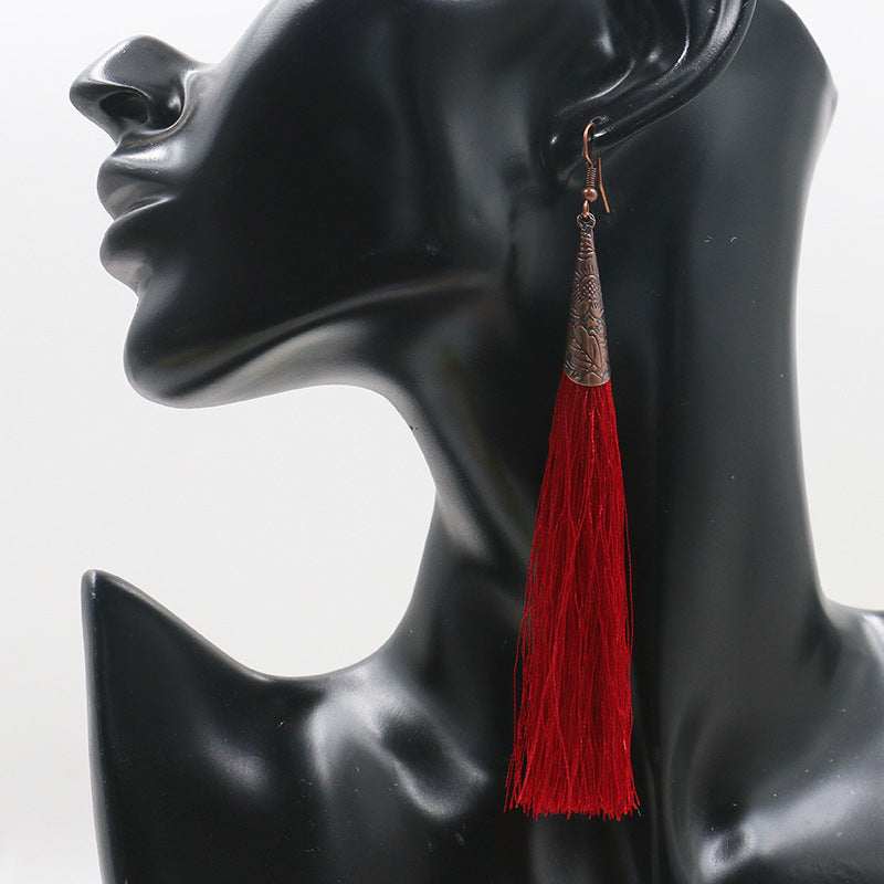 Retro red alloy earrings long tassel pendant earrings