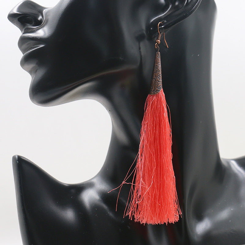 Retro red alloy earrings long tassel pendant earrings