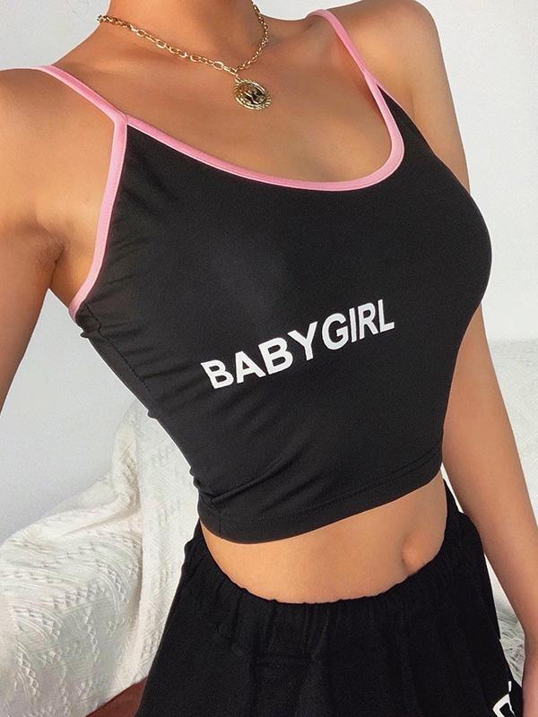 Wrap Contrast Color Letters Printed Spaghetti-Neck Vest Top