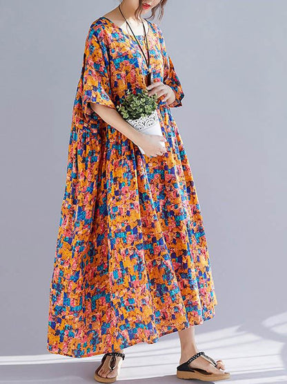 Plus Size Flower Print Round-neck Loose Long Dress