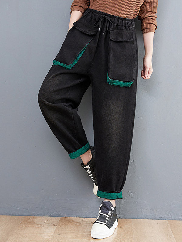 Loose Split-Joint With Pocket Elasticity Drawstring Wide Legs Harem Jean Pants