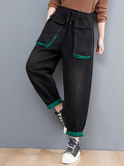 Loose Split-Joint With Pocket Elasticity Drawstring Wide Legs Harem Jean Pants