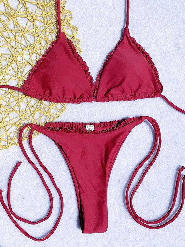 Solid Color  Triangle Ruffled Split Bikini Swimsuit